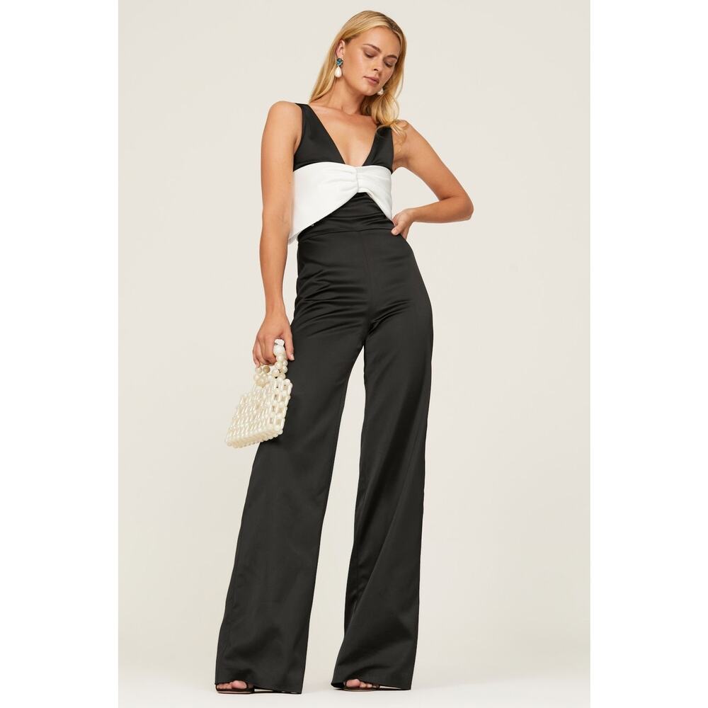 ALEXIS Black White Bow Design V-Neck Marinna Jumpsuit Size Large